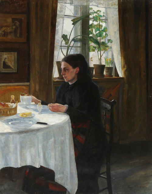 The mother of the artist, Agnes, seated at the breakfast table., 1900, Aage Bertelsen