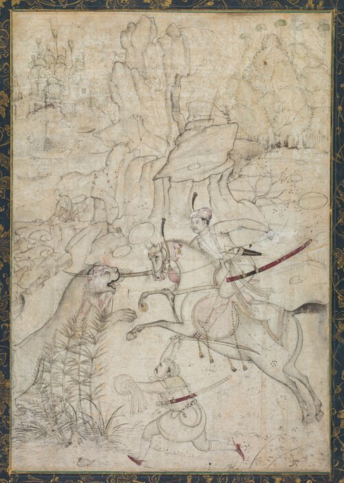 A Mounted Prince Hunting Lion in a Rocky Landscape, 1600, Khem Karan