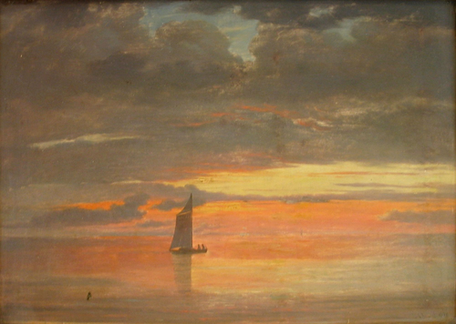 A sailing ship at sunset., 1848, Andreas Juuel