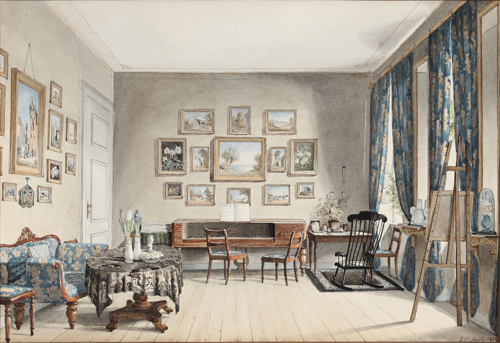 A living room interior with a collection of paintings and an easel, 1859, Andreas Juuel