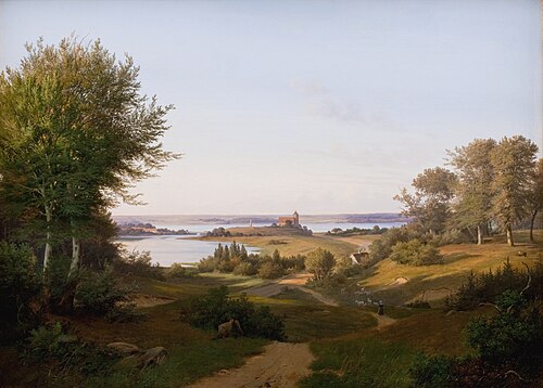 View of the Hill at Skanderborg Castle, Jutland, and the Memorial to frederik VI, 1846, Andreas Juuel