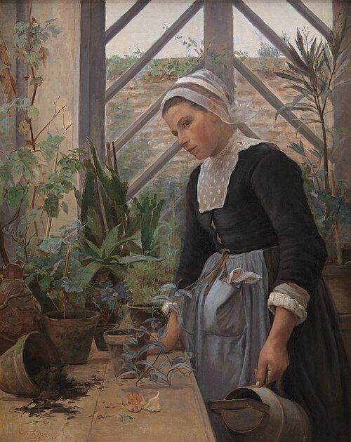 Breton Girl Looking After Plants in the Hothouse, 1884, Anna Petersen
