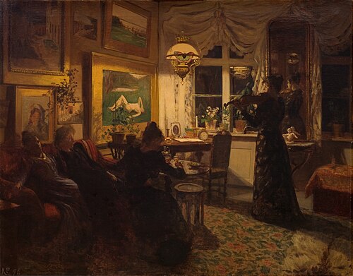 An evening with a friend. By lamplight, 1891, Anna Petersen