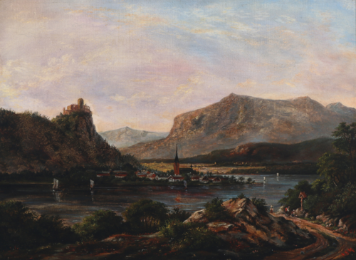 Riverscape with castle at the summit., 1850, Anton Eduard Kieldrup