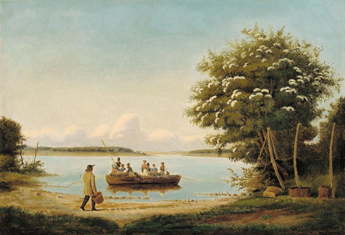 Harvest workers are rowed across an inlet., 1856, Anton Eduard Kieldrup