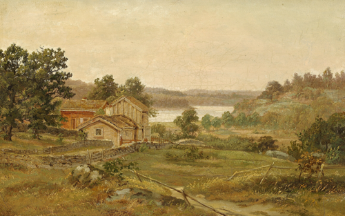 Norwegian landscape with houses., 1850, Anton Eduard Kieldrup