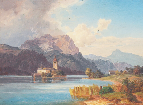 European river landscape with a monastery., 1850, August Plum
