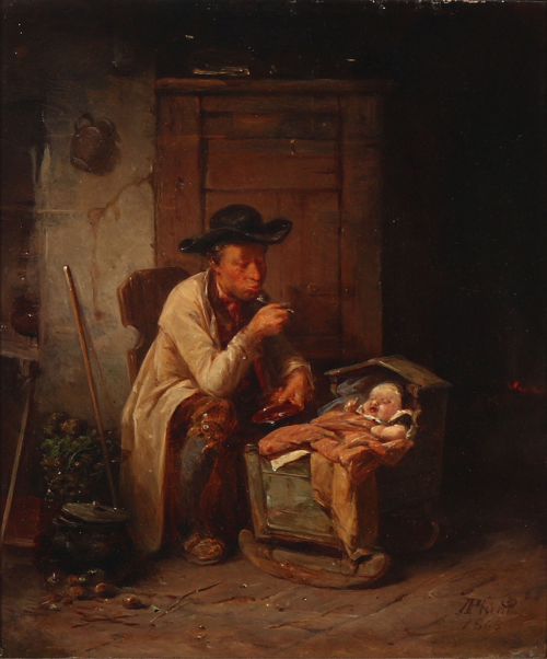 A father feeding a small child in a cradle, 1868, August Plum