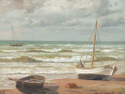Coastal view with boats on the beach., 1850, August Schiøtt