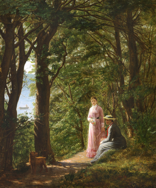 Two women and a dog on a path in the woods with a view of the sea on a summer day., 1878, August Schiøtt