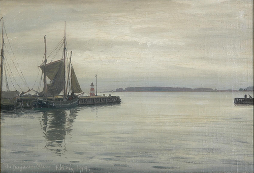 The harbour at Rørvig., 1919, Benjamin Olsen
