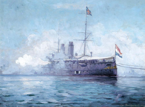 Dutch Cruiser 'Zeeland' Gun-Saluting., 1914, Benjamin Olsen