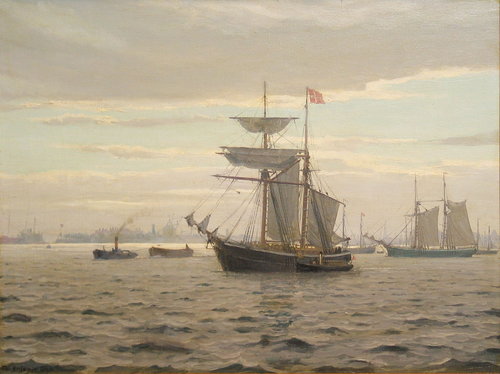 Numerous sailing ships at the roads of Copenhagen., 1913, Benjamin Olsen