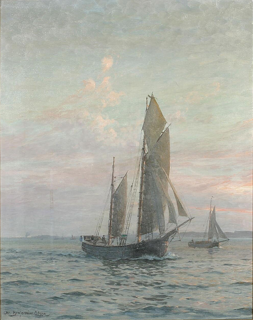 Sailing ships at sea off a coast., 1913, Benjamin Olsen