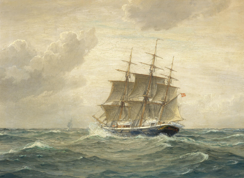 Ship with three masts at sea., 1913, Benjamin Olsen