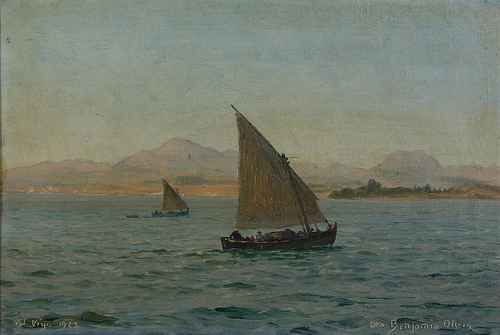 Boats along the coast at the Bay of Vigo, Spain., 1923, Benjamin Olsen