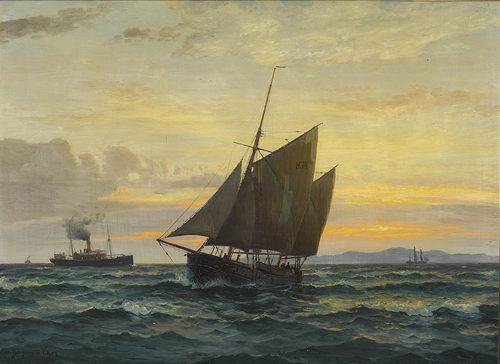 A fishing vessel and a steamship in the Sound at dusk., 1913, Benjamin Olsen