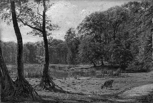 Landskab med motiv fra Fuglsangssøen i Jægersborg Dyrehave, 1850, Claus Anton Kölle