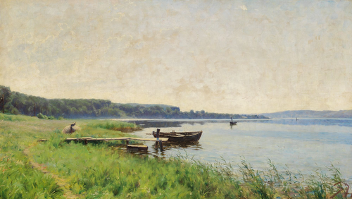 Summer morning at Vejlefjord with a view of Skyttehusodde and Munke-bjerg., 1887, Carl Martin Soya-Jensen