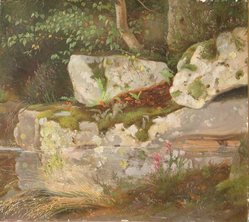 Moss-covered stones reflected in a stream., 1850, Carl Balsgaard