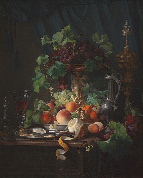 Opstilling med vinglas, østers, citron og andre frugter, 1848, Carl Balsgaard