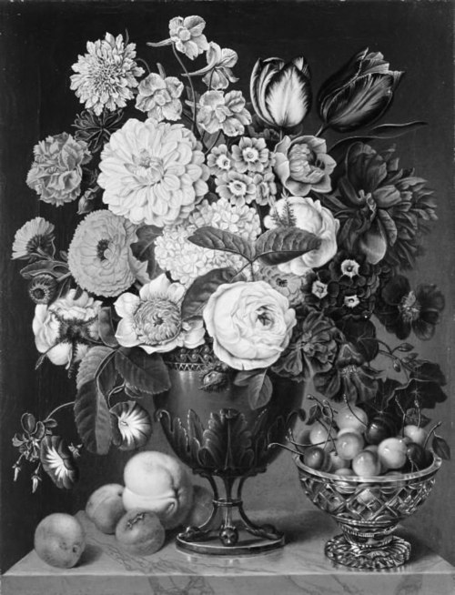 Blomster i en trefodet vase og en skål med kirsebær, 1838, Carl Christian Seydewitz