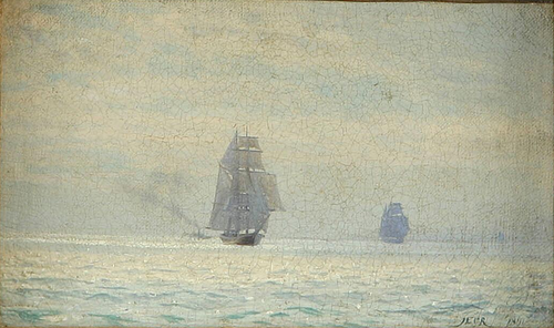 Sailing ships in the morning fog., 1891, Carl Rasmussen