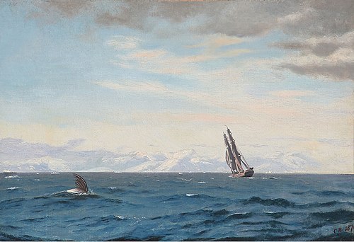 Humpback whale and sailing ship in the Davis Strait, 1870, Carl Rasmussen
