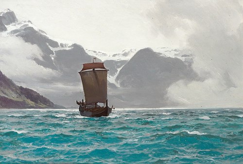 Sailing ship off a snow-covered coast., 1876, Carl Rasmussen