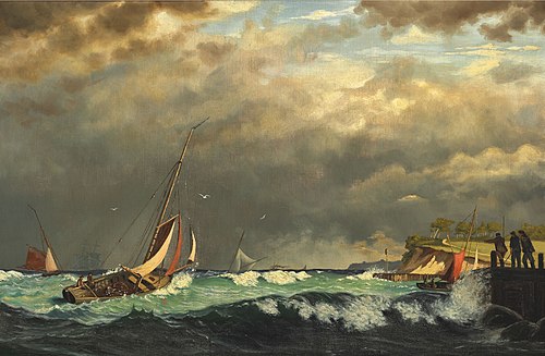 Sailing boats off a harbour in stormy weather, , Carl Rasmussen