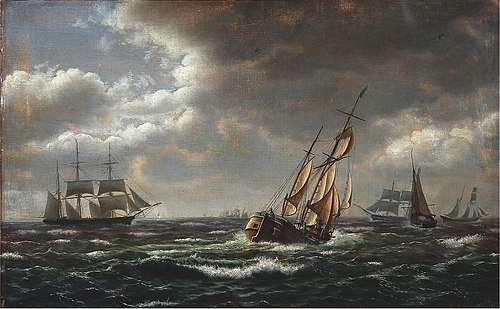 Seascape with sailing ships in high waves, 1863, Carl Rasmussen
