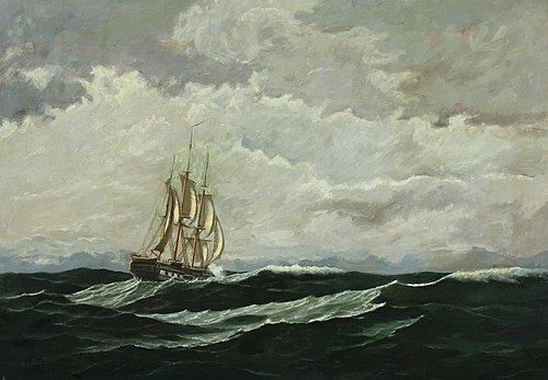 Seascape with warship in high seas, , Carl Rasmussen
