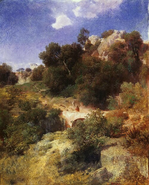Rocky hill country with bridge, 1858, Arnold Böcklin