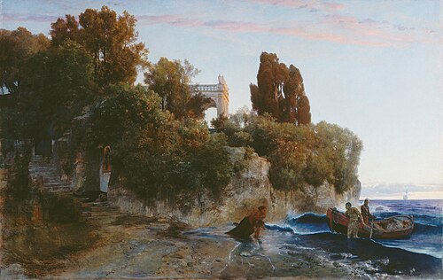 Castle by the sea & murder in the castle garden, 1852, Arnold Böcklin