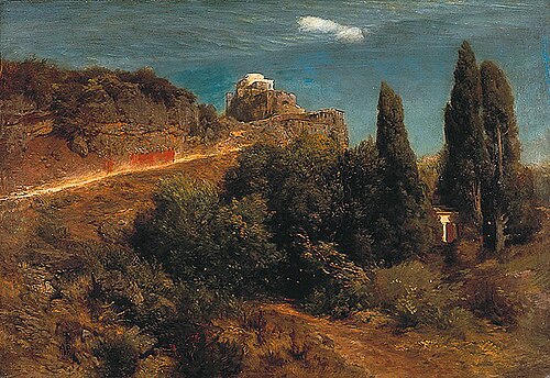 Mountain castle with a procession of knights, 1871, Arnold Böcklin