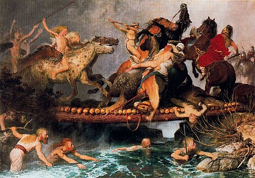 Fighting on a bridge, 1890, Arnold Böcklin