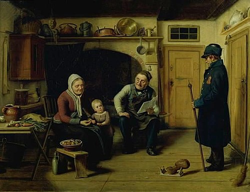 Vægteren på nytårsvisit. Køkkenscene, 1855, David Monies