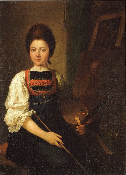Self-Portrait in the Traditional Costume of the Bregenz Forest, Seated at her Easel, 1763, Angelica Kauffmann