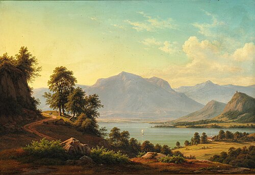 Alpine landscape with a river and tall mountains, 1864, F.C. Kiærskou