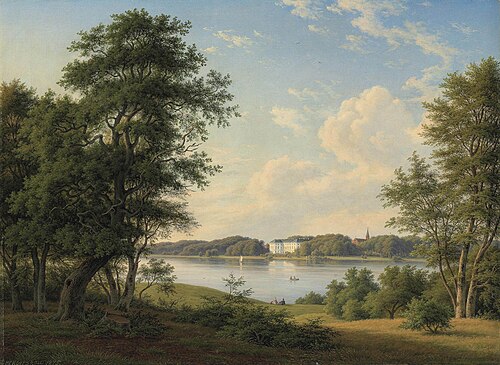 Sorø Academy seen from the otuer side of Sorø Lake in Senmark, 1875, F.C. Kiærskou