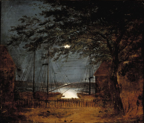 Ships in a moonlit harbour., 1830, F.M.E. Fabritius de Tengnagel
