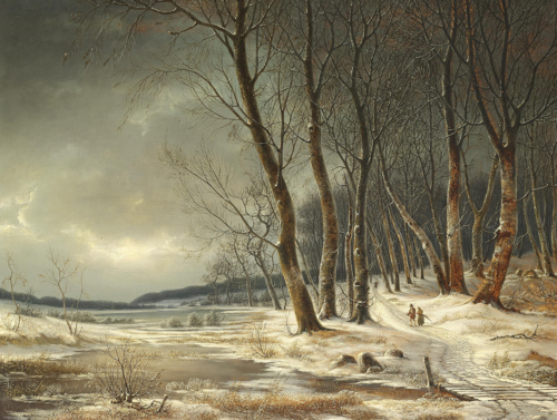 Winter in the woods. A woman and a man on a path, gathering firewood., 1848, F.M.E. Fabritius de Tengnagel