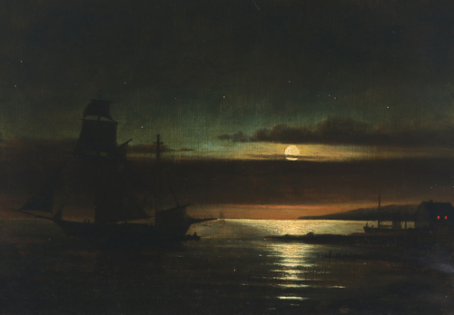 Ships at small harbor in moonlight, 1830, F.M.E. Fabritius de Tengnagel