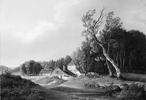 Udsigt mod et kalk- og teglbrænderi på en stormfuld dag, 1837, F.M.E. Fabritius de Tengnagel