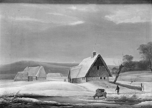 Vinterlandskab med to gårde ved en tilfrossen å, 1825, F.M.E. Fabritius de Tengnagel