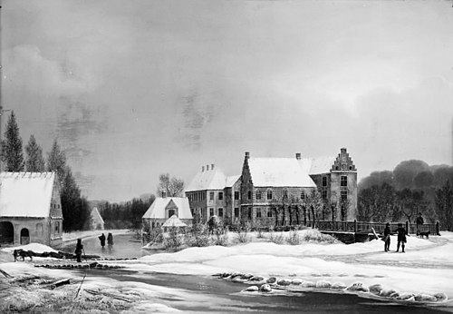 Prospekt af hovedgården Lykkesholm på Fyn. Vinter, 1834, F.M.E. Fabritius de Tengnagel