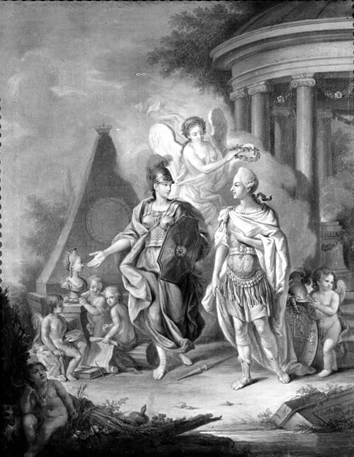 Christian VII som kunstens og videnskabens beskytter. Allegori, 1770, Georg Mathias Fuchs