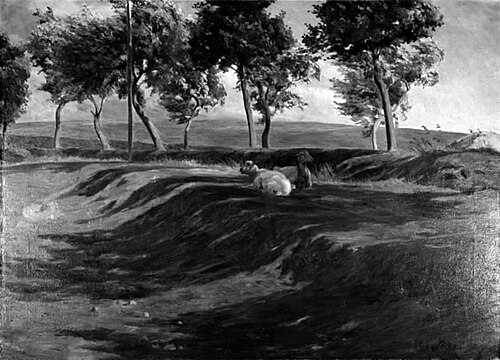 Ved vejen, blæst. Landskab med to får ved en vej, 1906, Gotfred Rode
