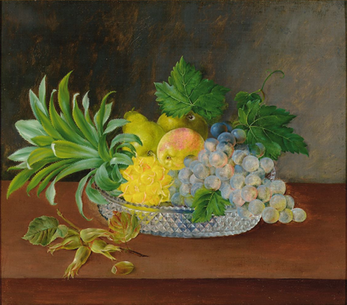Pineapple, grapes and pears in a glass bowl on a ledge., 1821, Hanne Hellesen