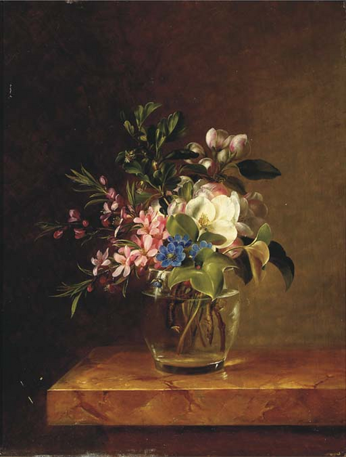 Springblossom in a glass on a marble ledge., 1843, Hanne Hellesen